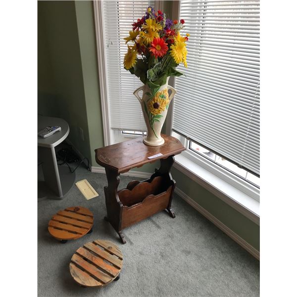 Gerber daisy silk flowers, vase, vintage magazine rack, 2 wooden plant stands on wheels