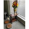 Image 1 : Gerber daisy silk flowers, vase, vintage magazine rack, 2 wooden plant stands on wheels