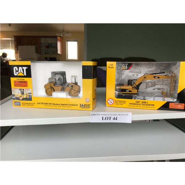 CAT die cast model hydraulic excavator; CAT die cast model vibratory asphalt compactor