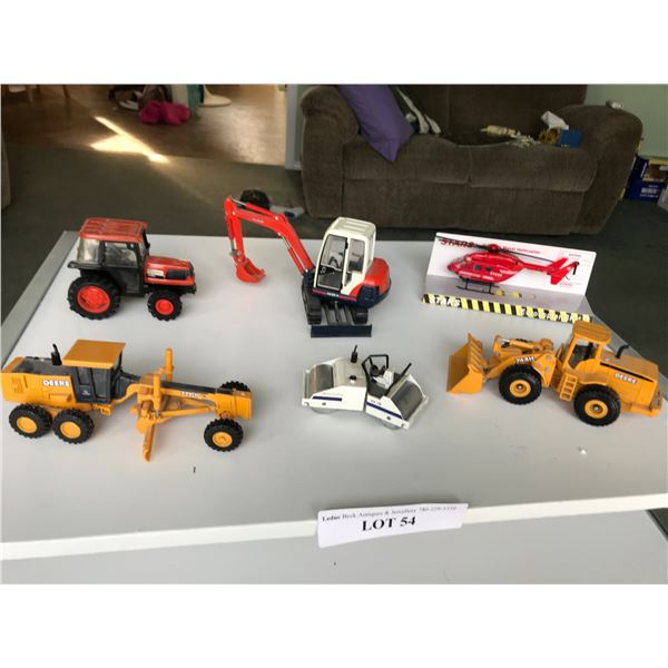 STARS die cast model metal helicopter (Eurocopter); Deere snowplow model; Kubota tractor; Kubota exc