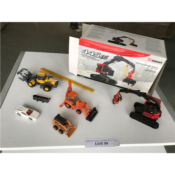 Die cast models: Valmet track harvester; CASE front loader; Komat'su (x2)