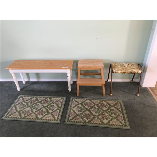 Wood bench, step stool, stool, 2 small carpets (Korhani brand)