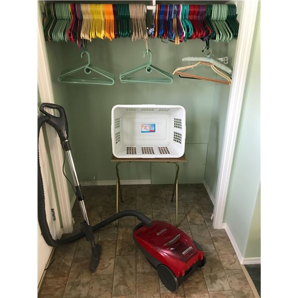 Kenmore Elegance Hepa filter system vacuum; asst clothes hangers, TV tray, white laundry basket