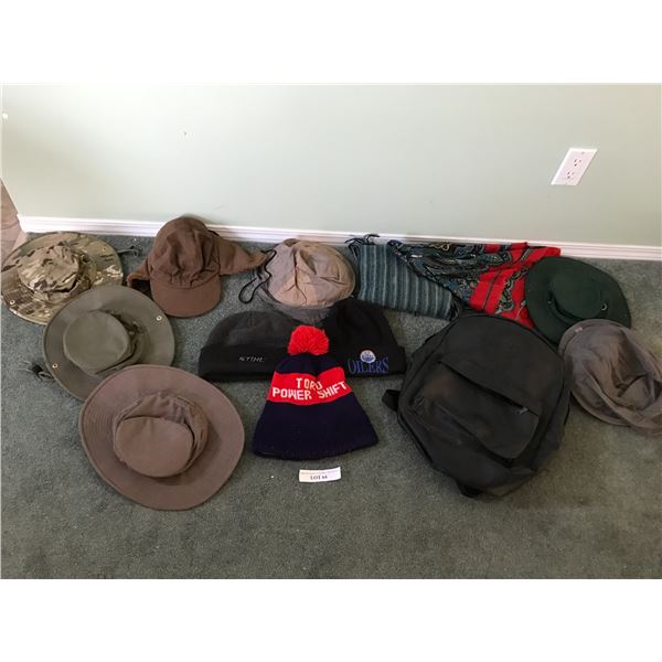 Asst hats Inc. Tilley, toques, scarves, black backpack