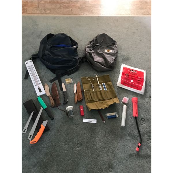 belt knives (x2), Kersch knife, knapsacks (x2), polyethylene sheets, thermometer, burlap first aid k