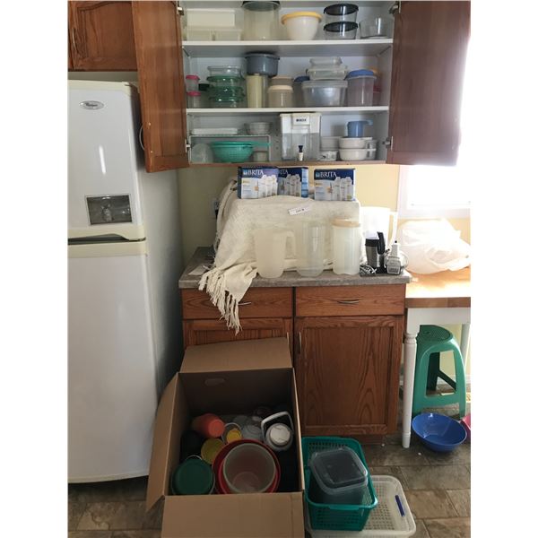 Brita dispenser and filters, huge lot of plastic storage containers, pyrex bows, Black & Decker Smar