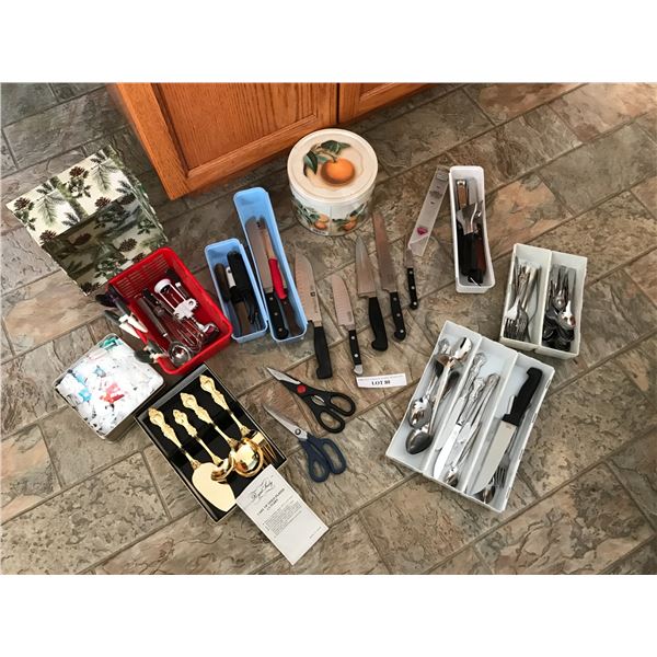 Royal Sealey gold plated cutlery, asst knives incl. Henkel, cutlery, kitchen gadgets, tin cannister,