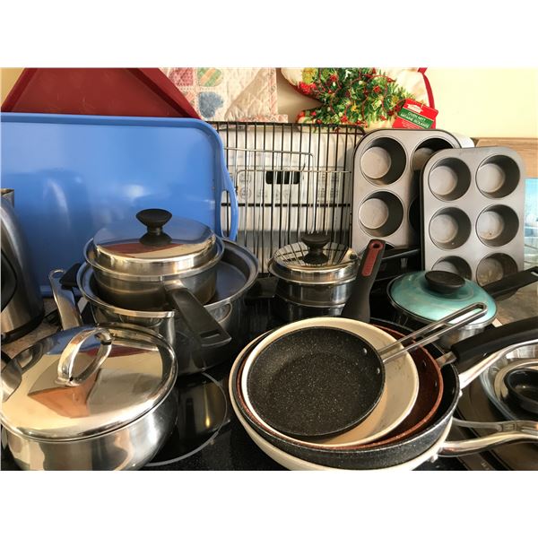 Asst pots and pans, baking dishes (some with storage lids), crystal serving dishes and bowls, baking