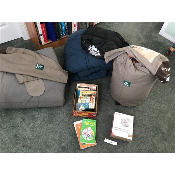 Asst sleeping bags (x3) (incl 2 Woods brand), Honeywell non-programmable thermostat, asst books