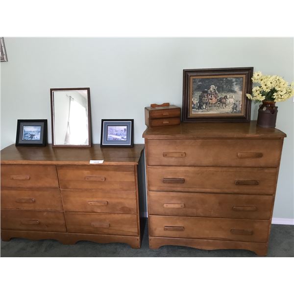 6-drawer solid wood dresser and matching 4-drawer solid wood dresser, jewellery box, flowers, small 