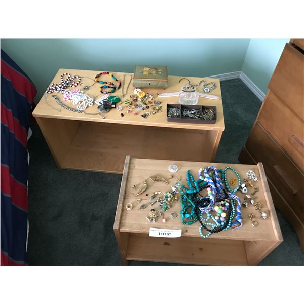 Large lot of asst costume jewellery, jewellery box, asst pins, 2 wood shelf units