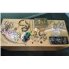 Image 2 : Large lot of asst costume jewellery, jewellery box, asst pins, 2 wood shelf units