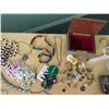 Image 3 : Large lot of asst costume jewellery, jewellery box, asst pins, 2 wood shelf units