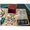 Image 4 : Large lot of asst costume jewellery, jewellery box, asst pins, 2 wood shelf units
