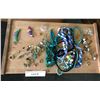 Image 5 : Large lot of asst costume jewellery, jewellery box, asst pins, 2 wood shelf units