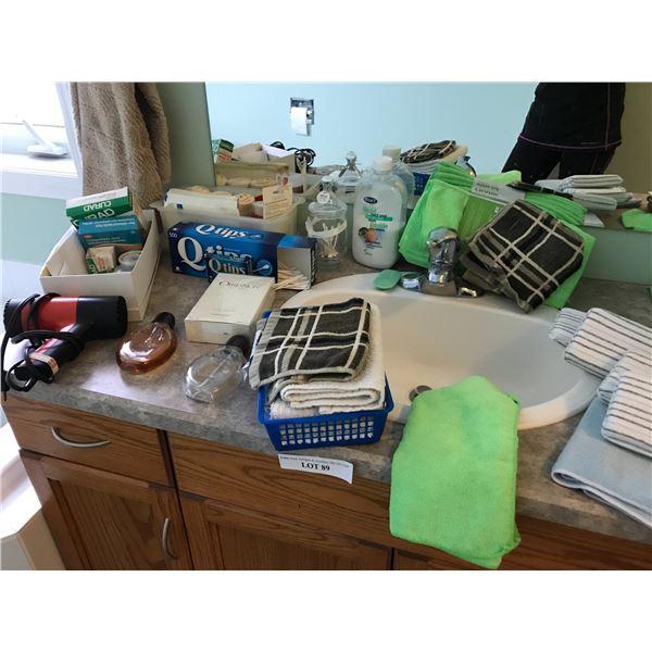 Asst tensor bandages, gauze, Q-tips, 2 bottles of Obsession for Men, hairdryer