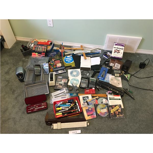 Asst office supplies (incl rulers, pencil sharpeners, slide ruler, calculators, thumb tacks, pencils