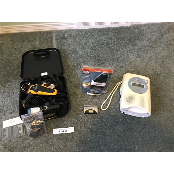 Wahl trimmers (x2) and professional blades, Radio Shark, Sony shower CD/radio player