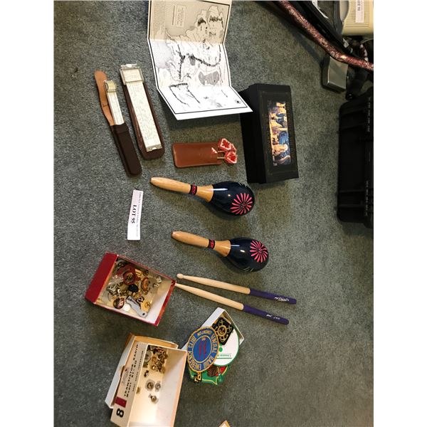 Mexican maracas (x2), badges, asst pins, darts, 2 vintage slide rulers, J.R.R. Tolkien "Lord of the 