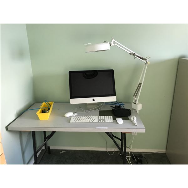 Apple Monitor & Keyboard, Folding Table, Assorted computer mice, Cisco Link System