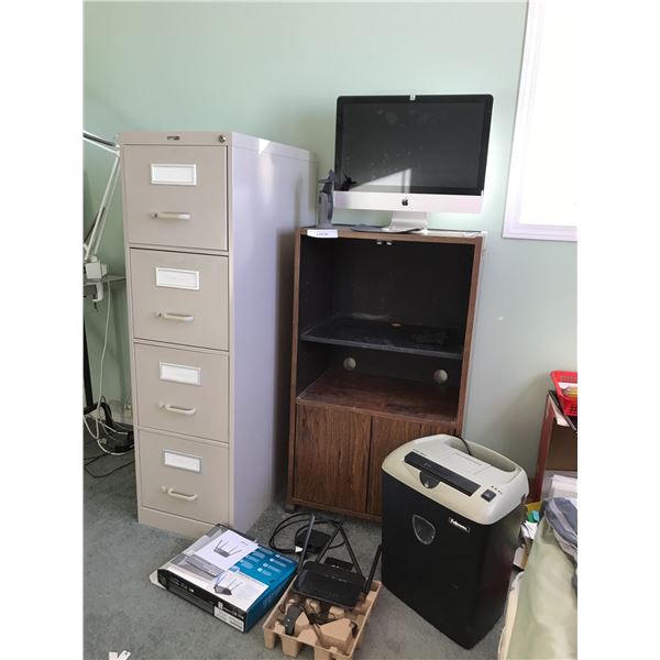 Apple Minotor, Hand Fan, Staples 4 Drawer Filing Cabinet, Stand, Fellowes Paper Shredder, D-Link Wir
