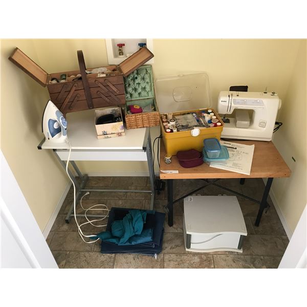 Kenmore Sewing Machine, EverStar Steam Iron, Assorted Sewing Supplies, Fabric, Computer Table & Wood
