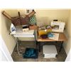 Image 1 : Kenmore Sewing Machine, EverStar Steam Iron, Assorted Sewing Supplies, Fabric, Computer Table & Wood