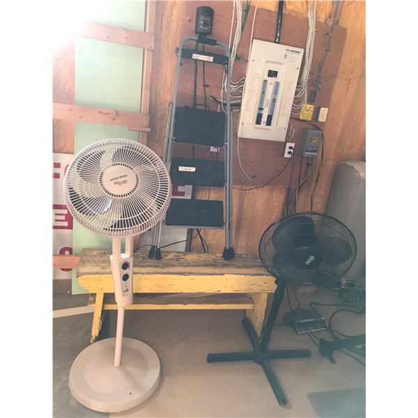 3-step ladder, wooden bench, 2 fans (Black & Decker and Super brand)