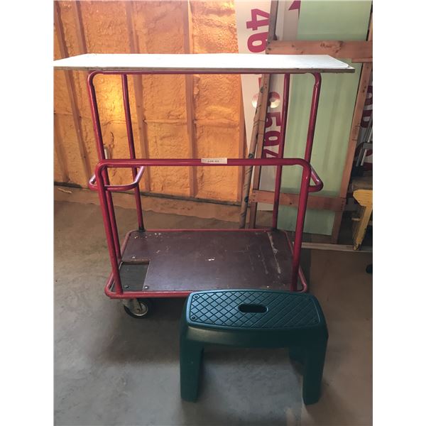 Red dolly, green plastic foot stool