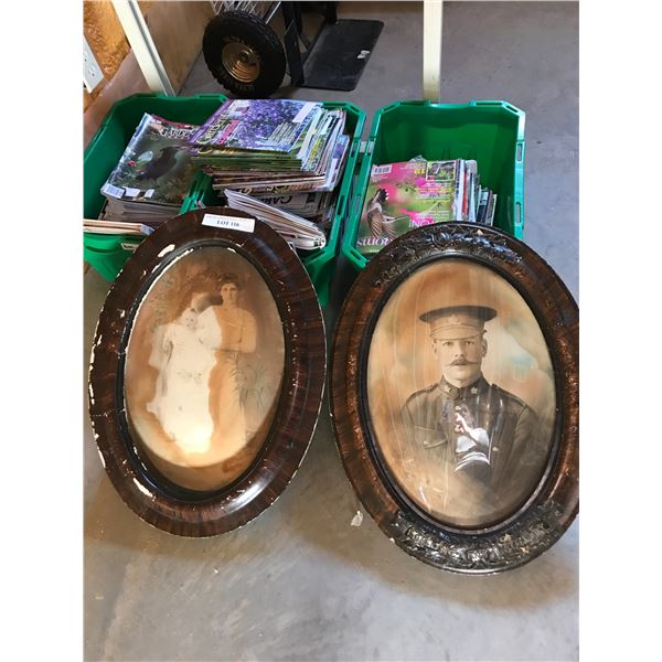 Bins (x3) of gardening magazines, 2 antique pictures and frames (bubble glass on one)