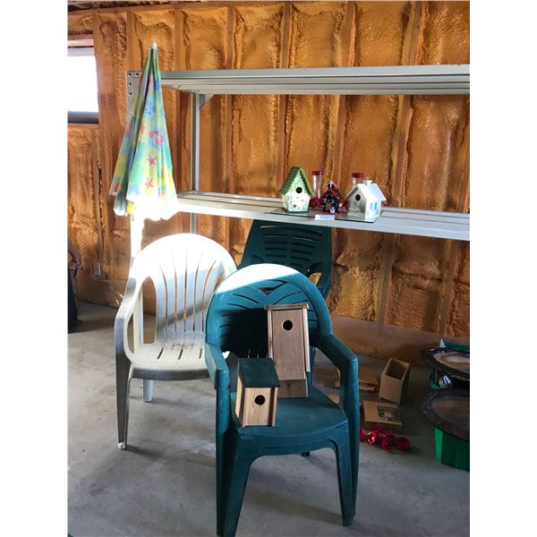 Plastic lawn chairs (x5), table (green, plastic), asst bird houses (handmade wood, store-bought), hu