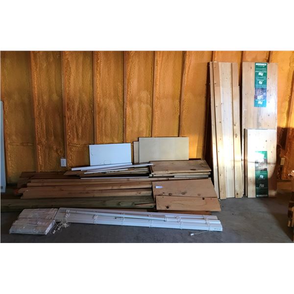 Huge asst of lumber (wood, incl pine, and particle board); 3 blinds (1 white, 2 ivory)