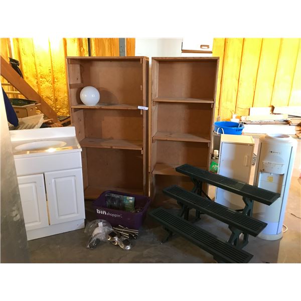 Greenway water cooler, 2 wood shelving units, IKEA 3-shelf cabinet, 3-tier plastic bench/shelf, sola