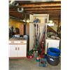 Image 1 : Utility Cabinet with household cleaning supplies, lightbulb, brooms, 2 large utility buckets, 2 draw