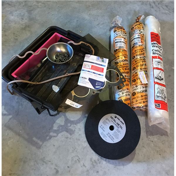Rolls (x3) of Polyethylene, Black & Decker Metal Chop Saw Wheel & Random Plastic Tubs & Misc Items