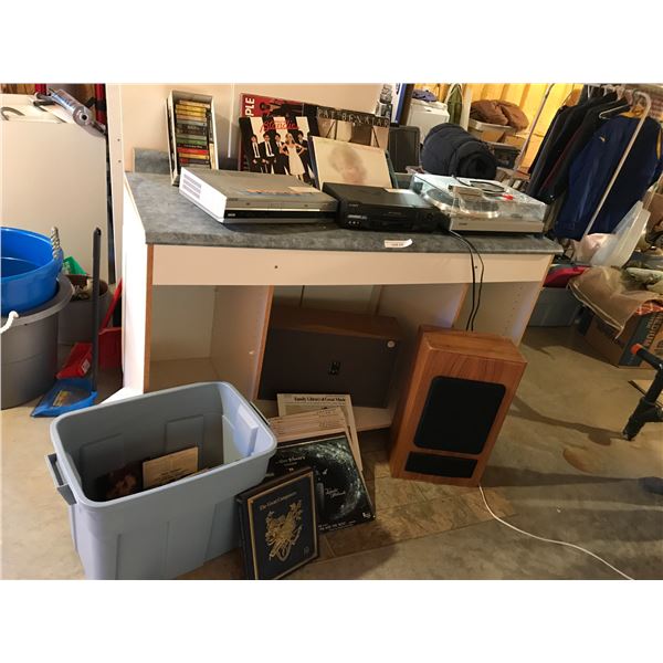 Sony turntable, VHS player, DVD/VHS player; huge asst of records, cassettes; 2 large speakers; large