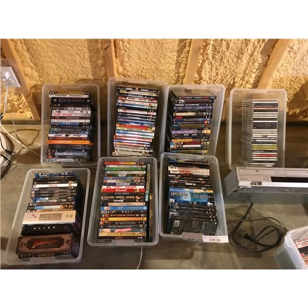 Large asst of VHS tapes, DVDs and CDs; Sony VHS/DVD combo