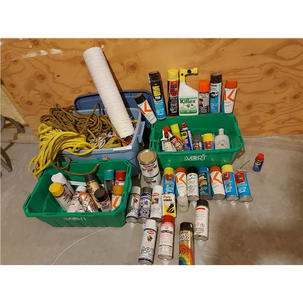 Asst ropes, string/twine; paints (cans, spray); asst household/garden/automotive chemicals and produ