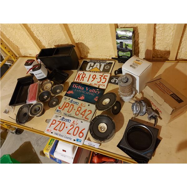 Asst automotive items incl. license plates, speakers, air filter, boot brush, GripGo car phone mount