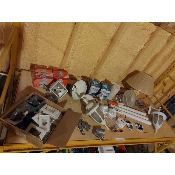 Asst lights, bulbs, lamp, mini fan, electrical items (socket covers, outlet frames, etc.)