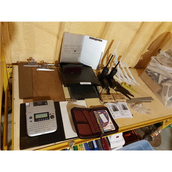 Brother label maker; Radio Shack clock radio, Kenwood VHF-FM transceivers, shelf brackets, asst offi