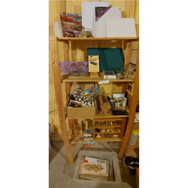 Asst art supplies, arts & crafts materials, wooden trinket shelf, trinkets, games, giant playing car
