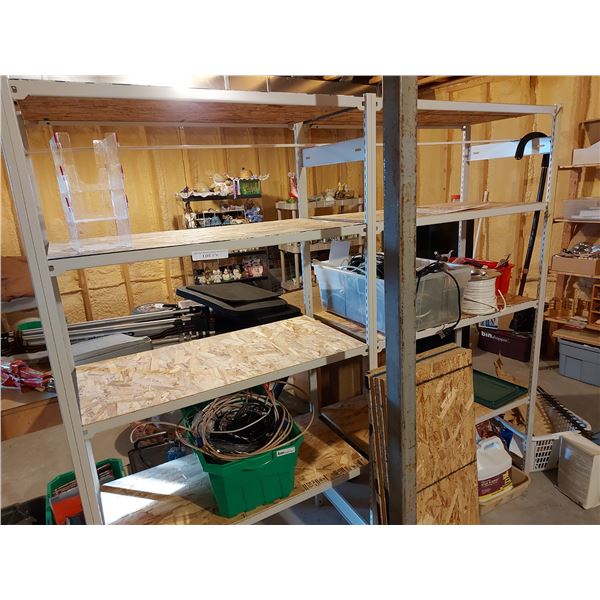 Double-shelf unit with extra shelves, asst computer cables, asst power cords and power adaptors, rol