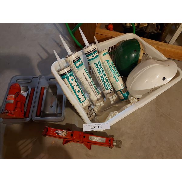 Mono acoustical sealant (x7), 2 hard hats, Motomaster 4-ton hydraulic jack in case, 1 ton Power Fist