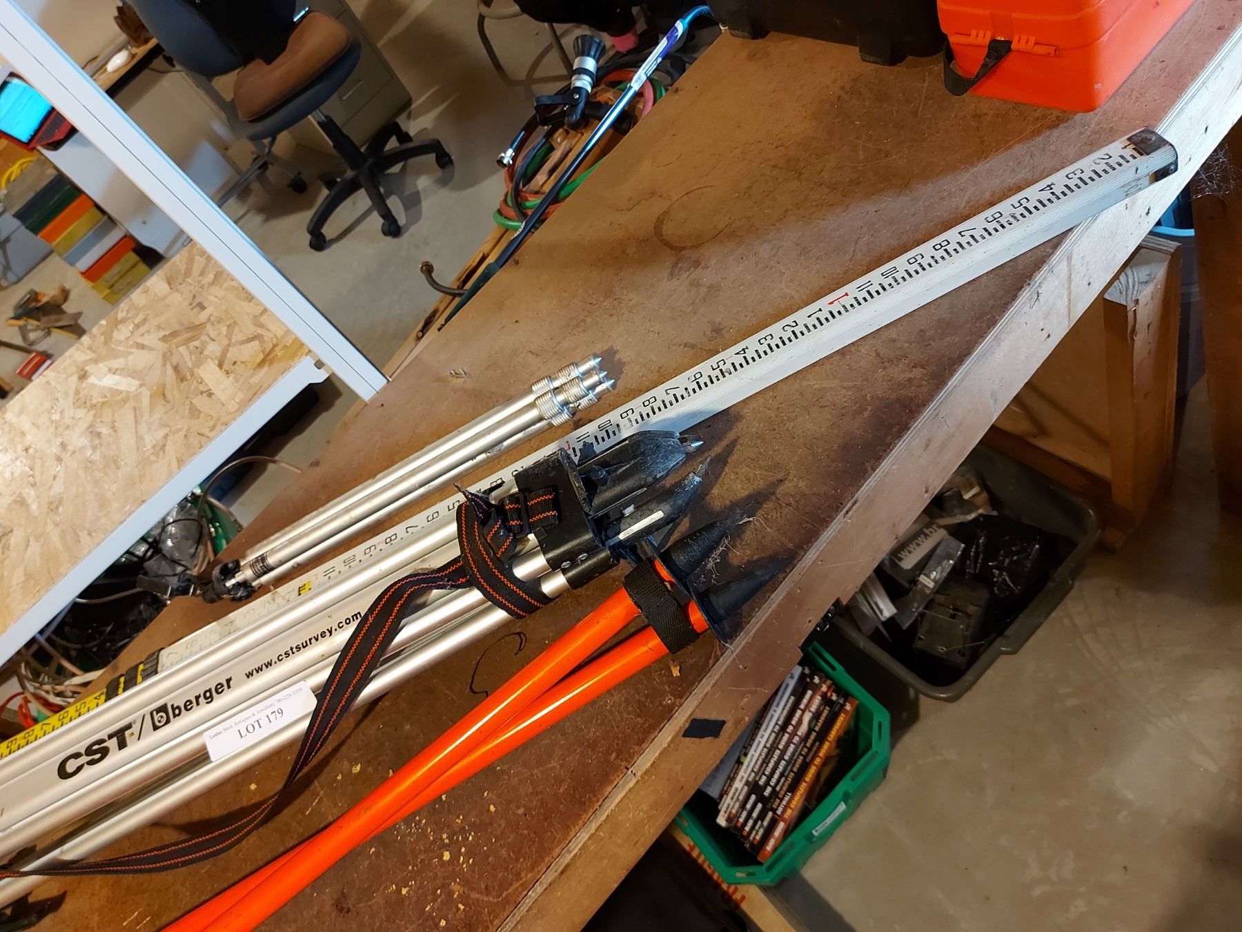 Giant slide ruler, surveyors tripods (x3)