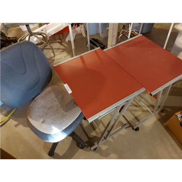 Red computer tables (x2), 1 without pull out tray; computer chair on wheels