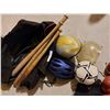 Image 4 : Box of assorted sports equipment including balls, helmets, bats and bag
