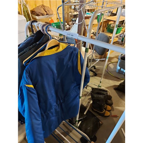 3 rolling clothing racks (x3) & assorted jackets, wall rack, short ankle rubber boots, sorrel steel 