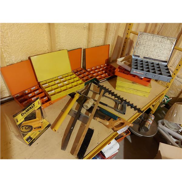 Assorted saws, mallet & 9-part organizer boxes, Dewalt door lock installation kit