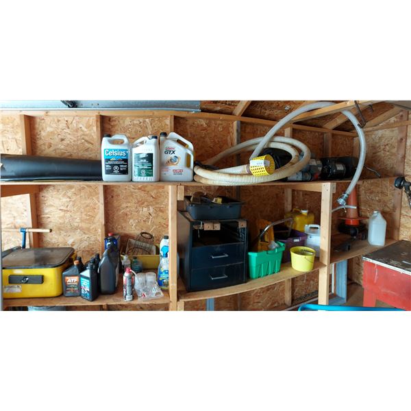 Camping bbq (small), asst part, engine oil, ass shop supplies, parts, washer, asst hoses